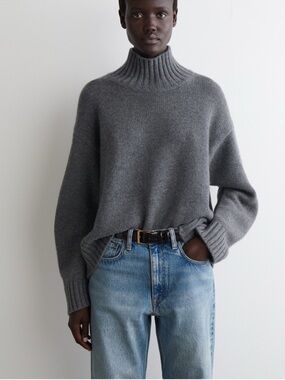 COS Chunky Pure Cashmere Mock Neck Sweater Dark Gray Melange Size Large
